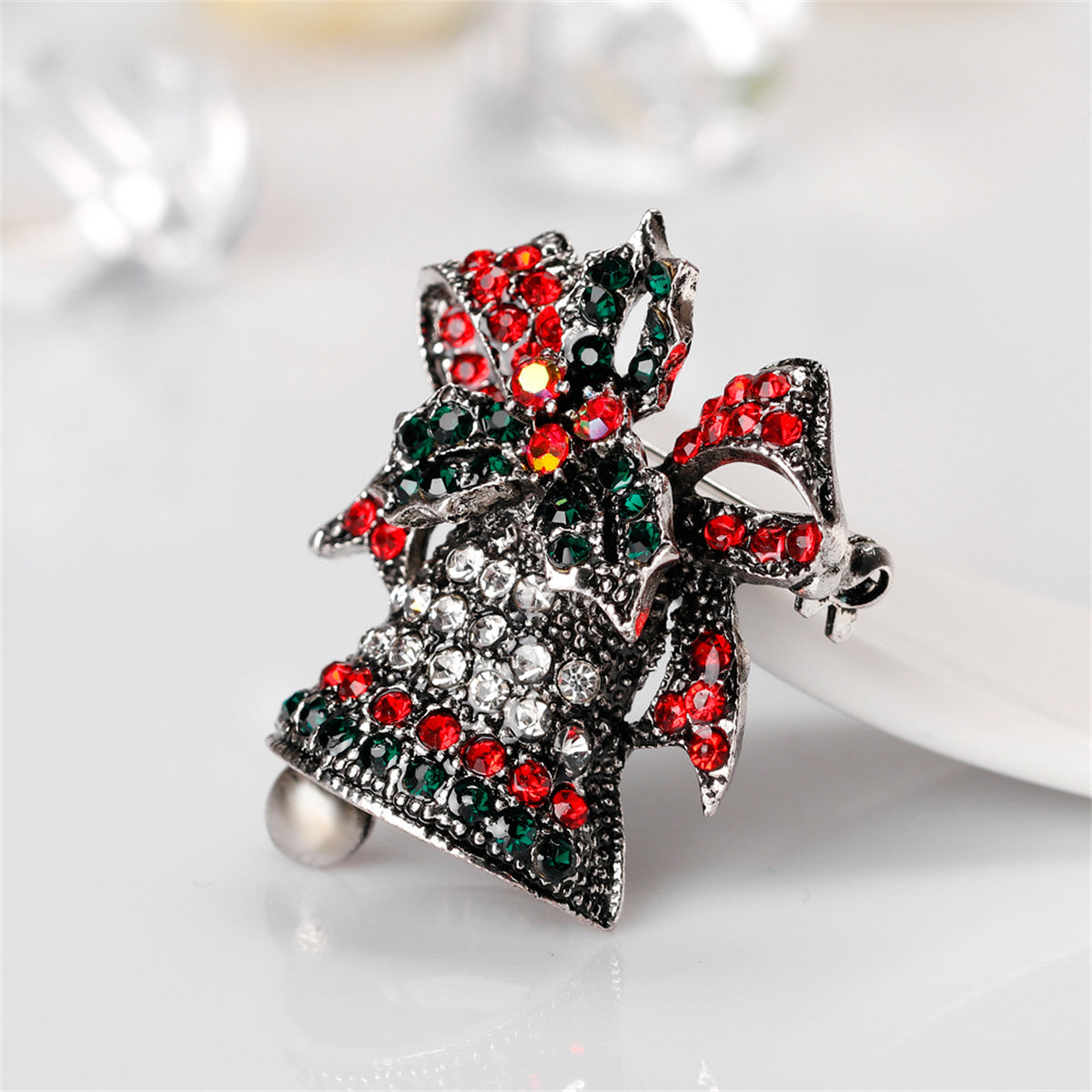Cubic Zirconia and Silver-Plated Ringing Bell Brooch, silver brooch pin, botanical inspired, lifestyle look
