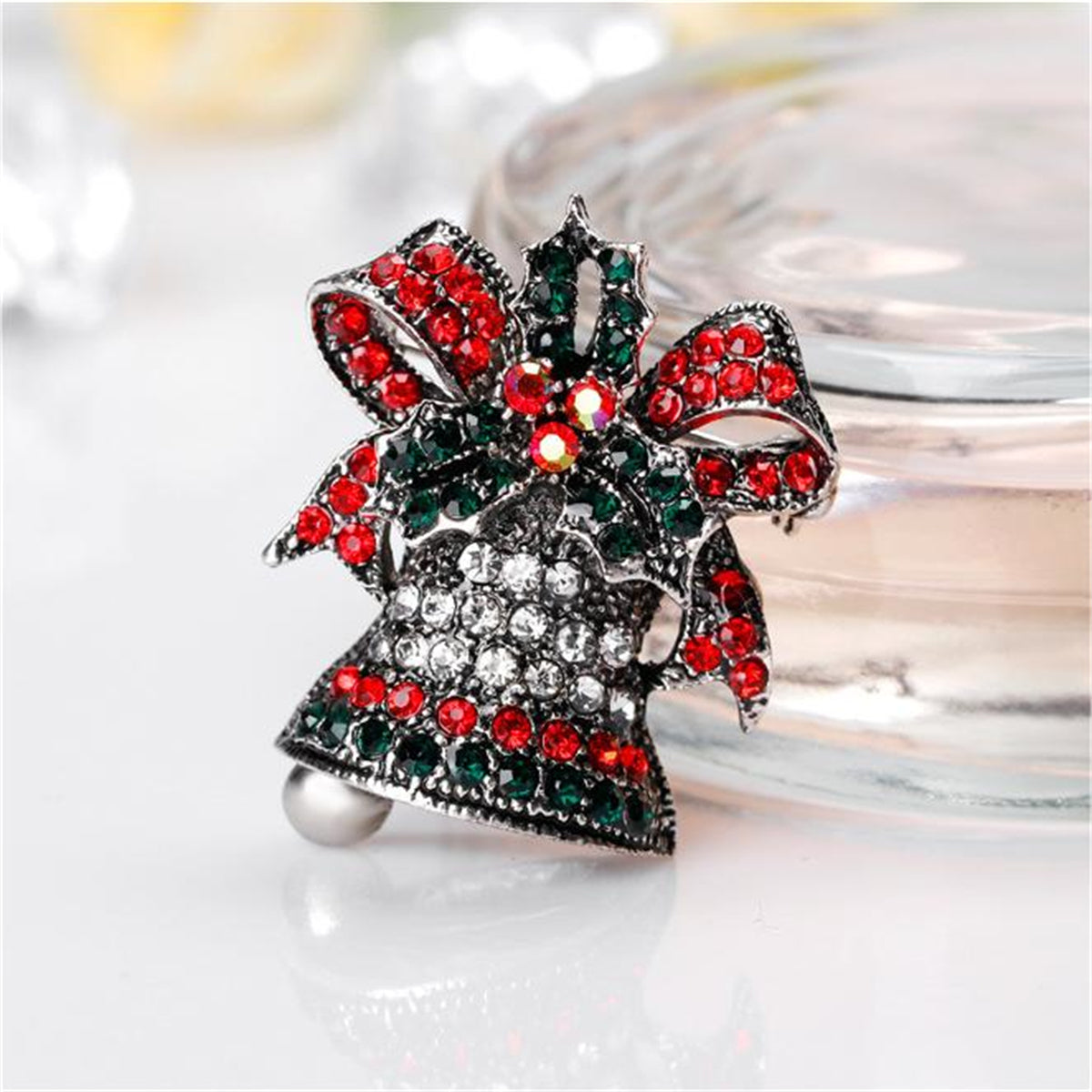 Cubic Zirconia & Silver-Plated Ringing Bell Brooch