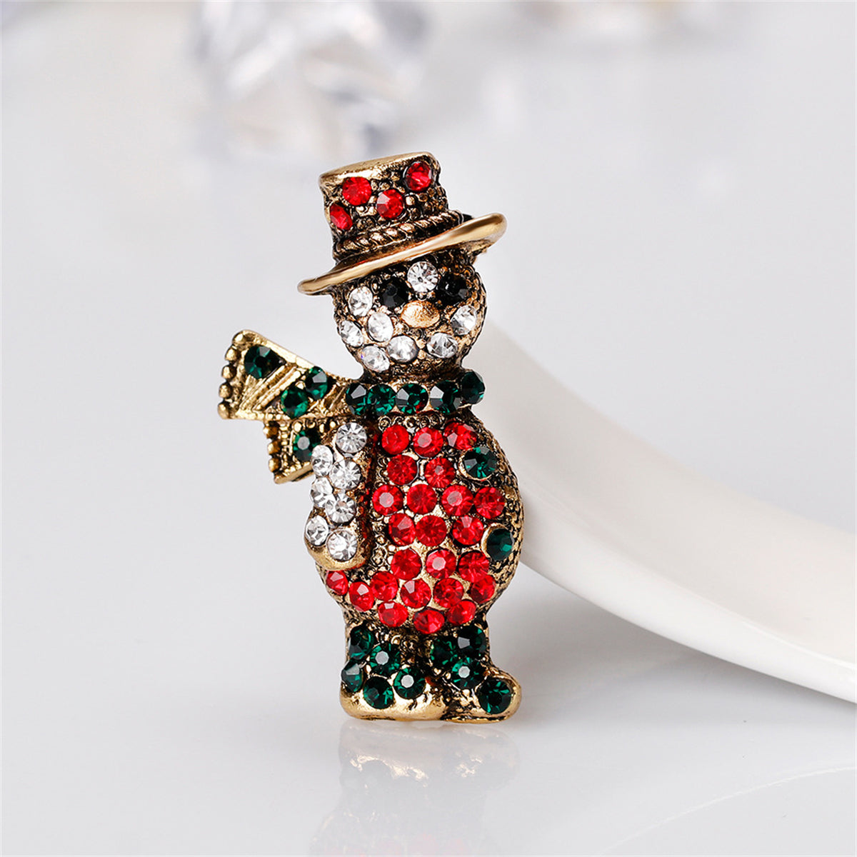 Cubic Zirconia & 18K Gold-Plated Snowman Brooch