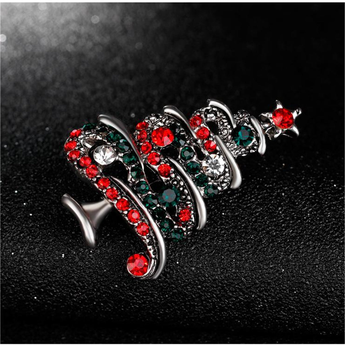 Red Cubic Zirconia & Silver-Plated Christmas Tree Brooch