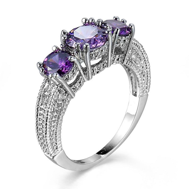 Purple Crystal & Silver-Plated Three-Stone Ring