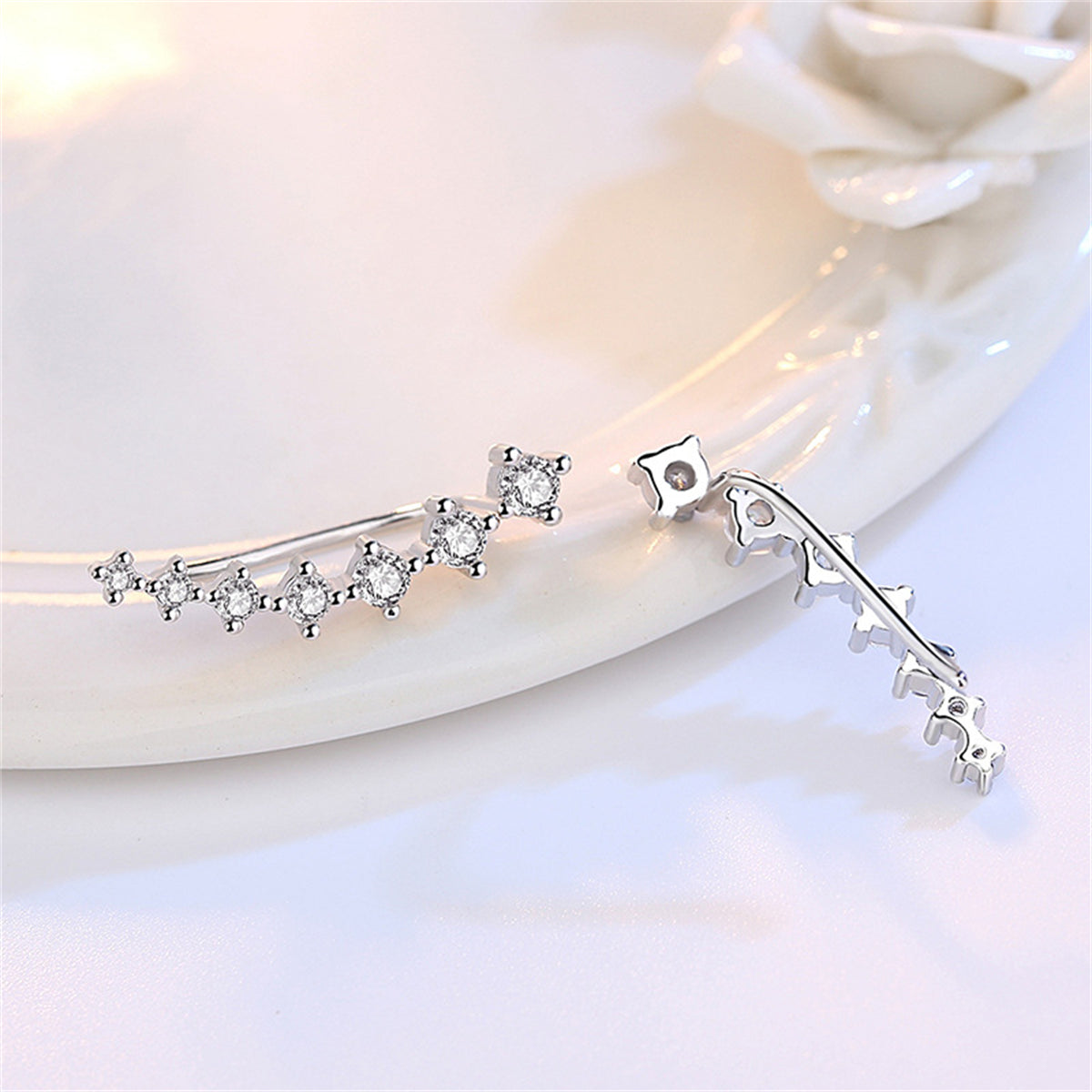 Cubic Zirconia and Silver-Plated Ear Climber, silver stud earrings for women, dainty minimalist design, detail close-up