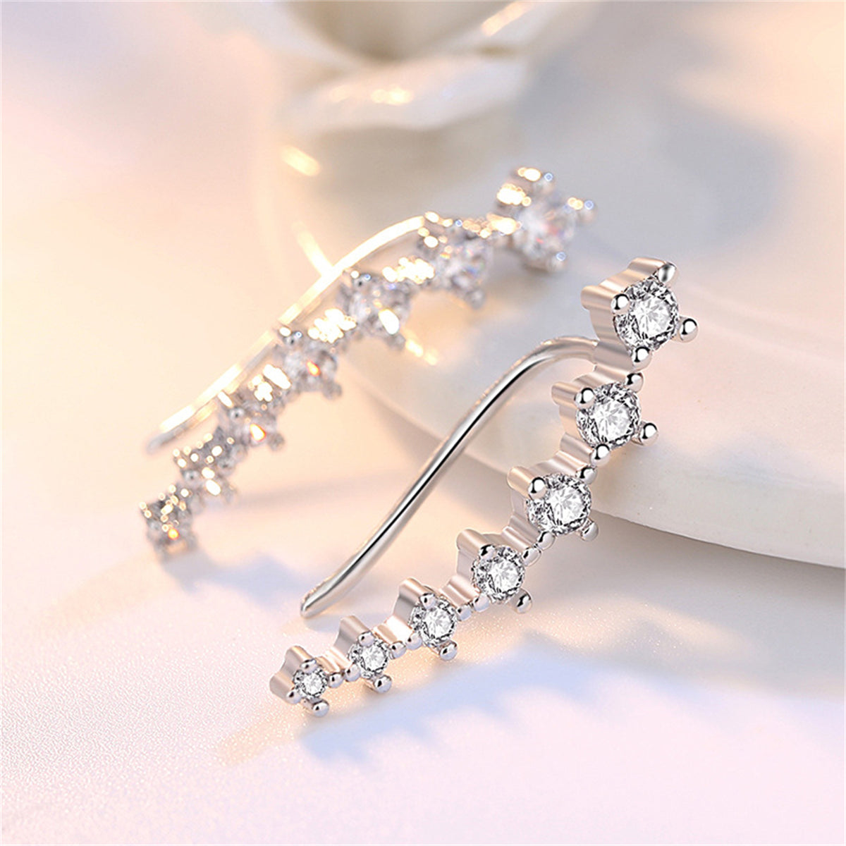 Cubic Zirconia and Silver-Plated Ear Climber, silver stud earrings for women, dainty minimalist design, side view
