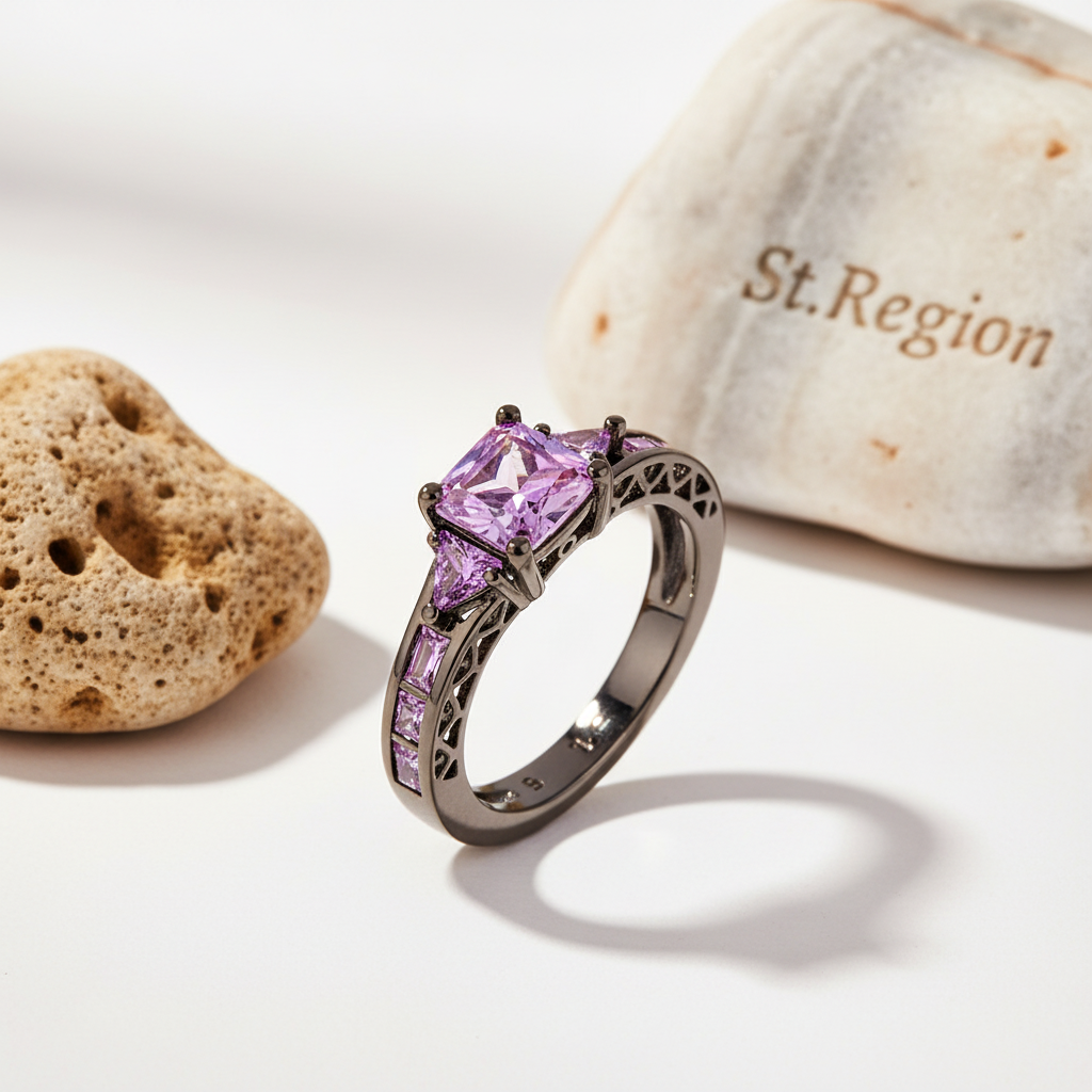 Purple Crystal & Rhodium-Plated Prong-Set Ring - Street Region