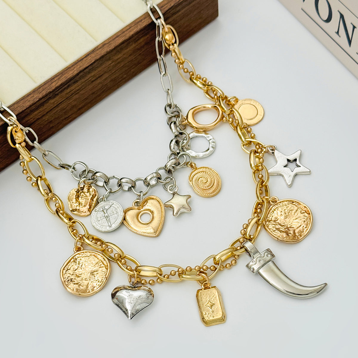 Two Tone Heart Celestial Pendant Layered Necklace, everyday style, side view