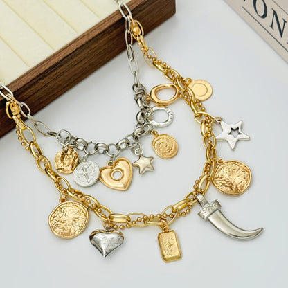 Two Tone Heart Celestial Pendant Layered Necklace, everyday style, side view