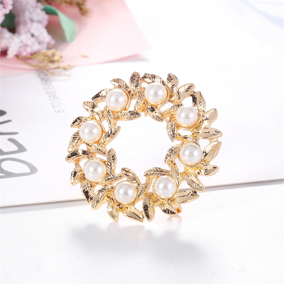 Pearl and 18K Gold-Plated Wreath Brooch, gold brooch pin, dainty minimalist design, styled look