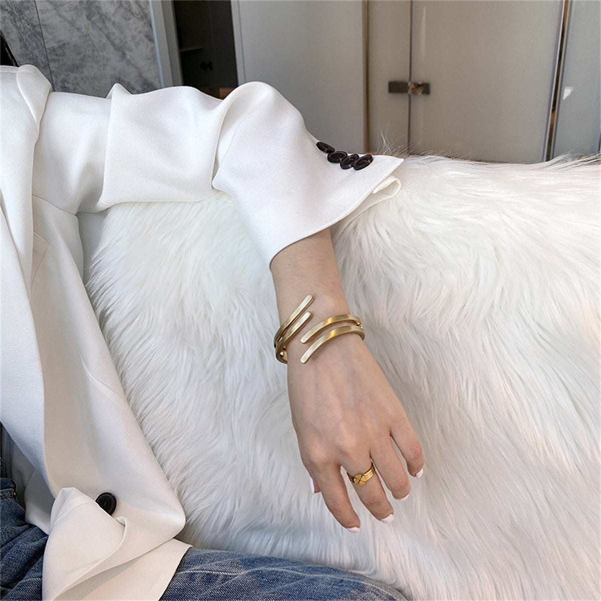 18K Gold-Plated Wing Open Bypass Coil Bracelet, gold bangle bracelet, everyday style, lifestyle look