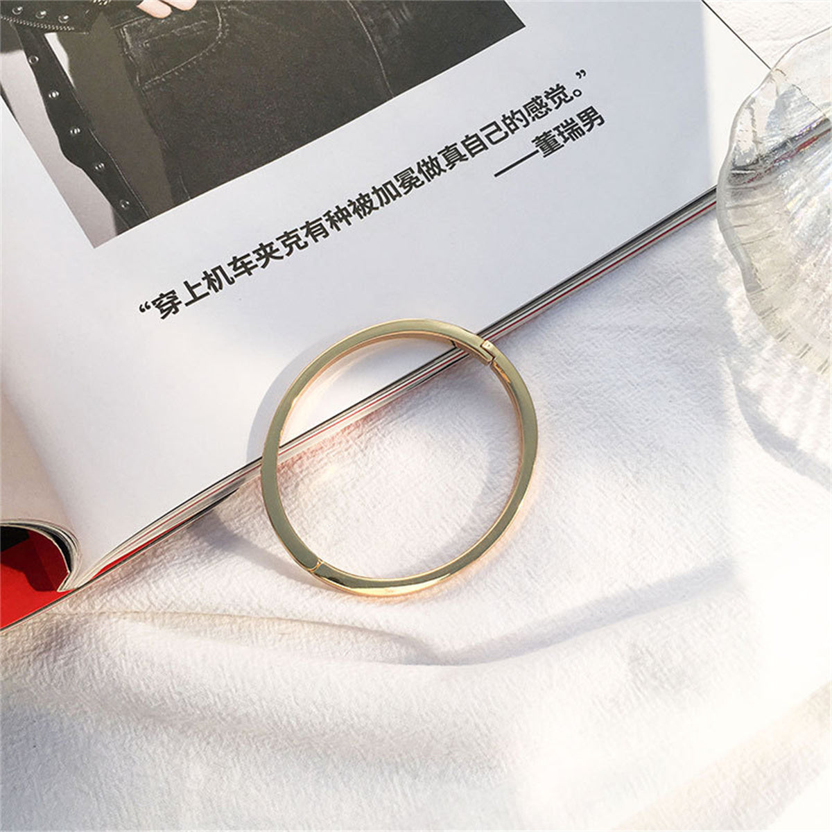 Cubic Zirconia and 18K Gold-Plated Hinge Bangle, gold bangle bracelet, botanical inspired, styled look