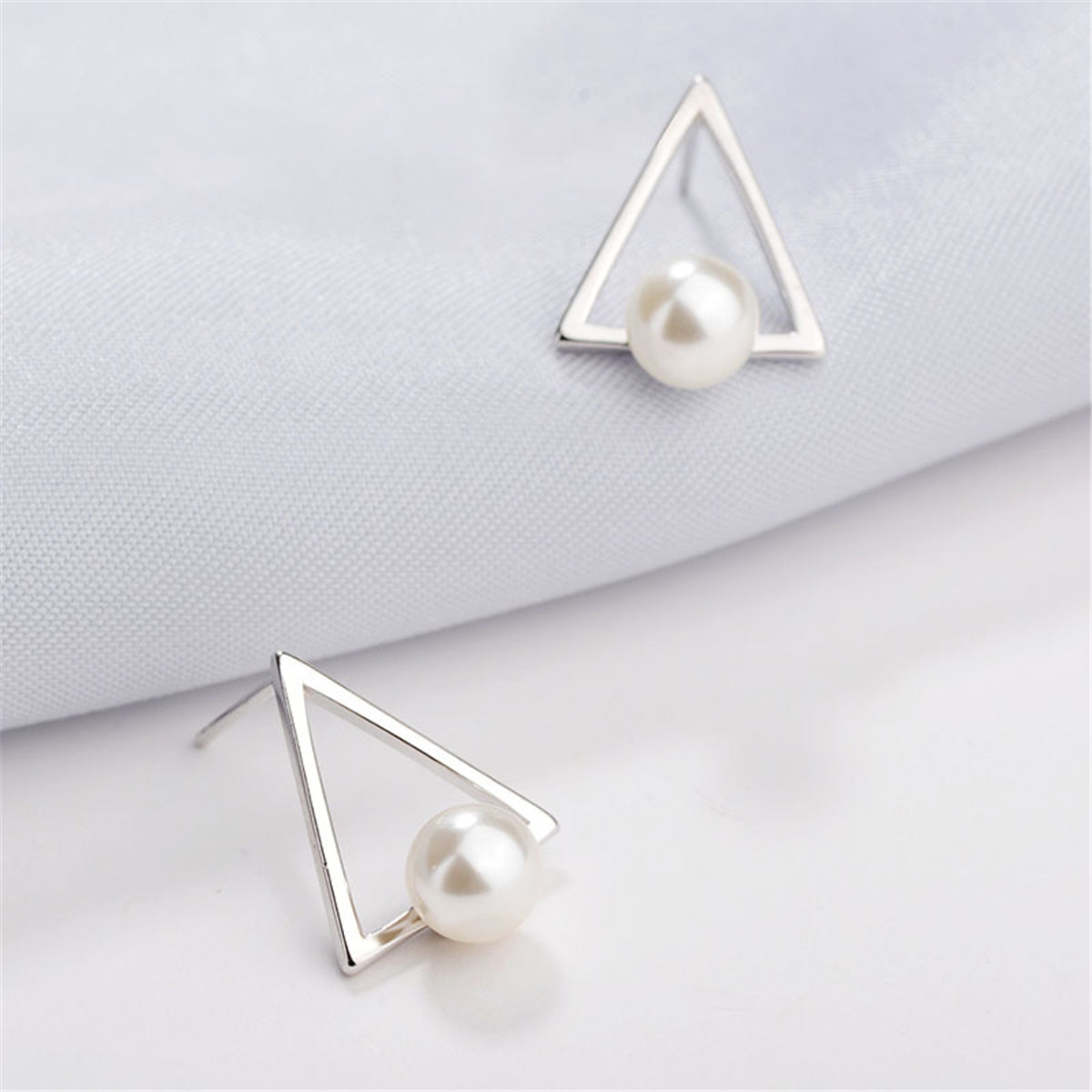 Pearl & Silver-Plated Hollow-Triangle Stud Earrings