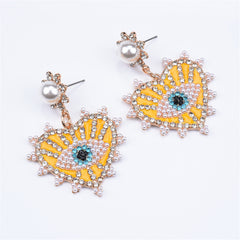 Yellow & Cubic Zirconia Eye In Heart Drop Earrings