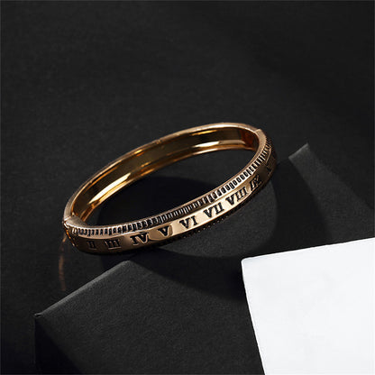 18K Gold-Plated Roman Numerals Hinge Bangle, gold bangle bracelet, botanical inspired, lifestyle look