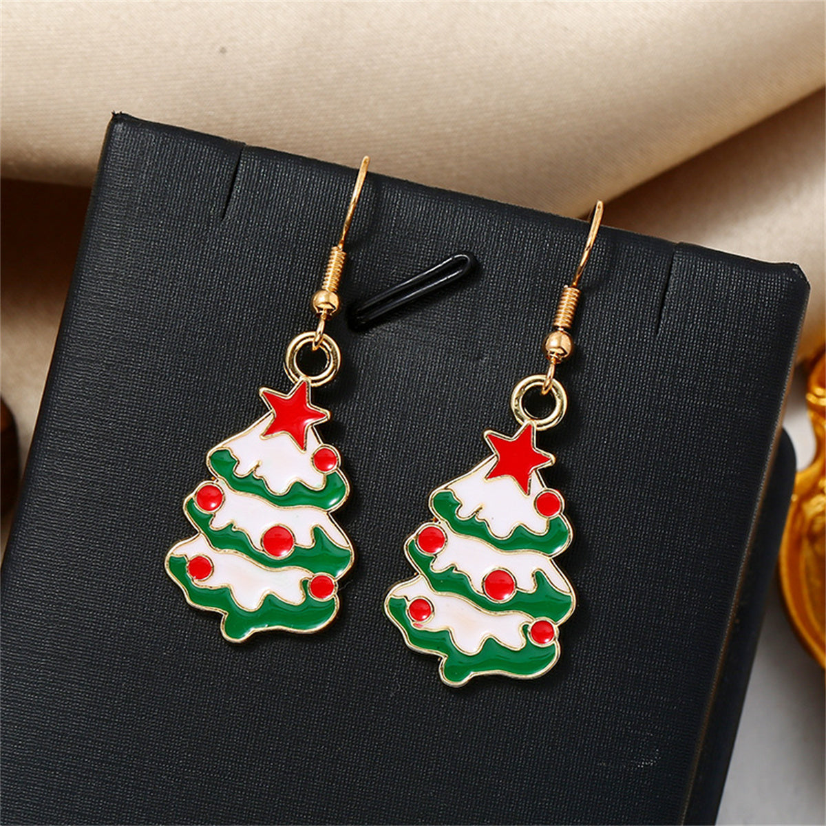 Multicolor Enamel and 18K Gold-Plated Christmas Tree Drop Earrings, gold drop earrings for women, lifestyle look