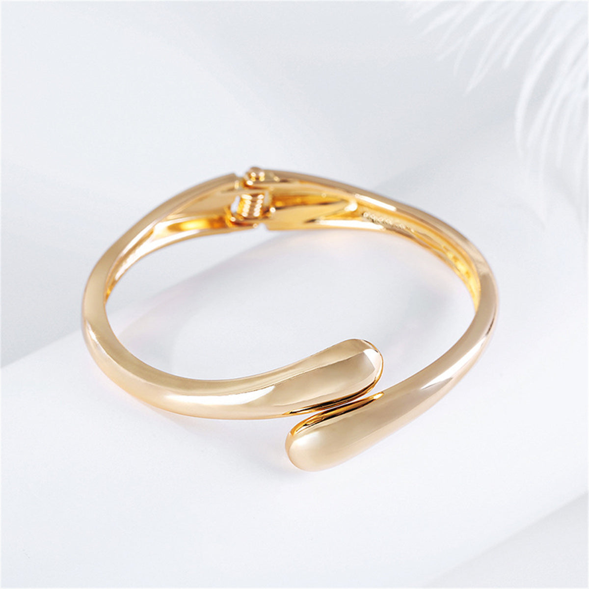 18K Gold-Plated Drop Bypass Hinge Bangle, gold bangle bracelet, botanical inspired, lifestyle look