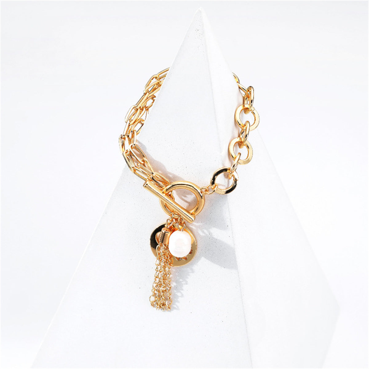 Pearl & 18K Gold-Plated Love Coin Tassel Layered Bracelet