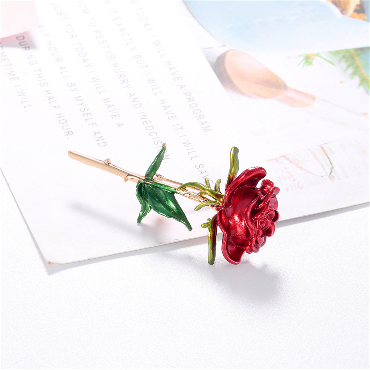 Red Enamel and 18K Gold-Plated Rose Brooch, gold brooch pin, vintage-inspired design, detail close-up