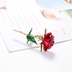 Red Enamel & 18K Gold-Plated Rose Brooch