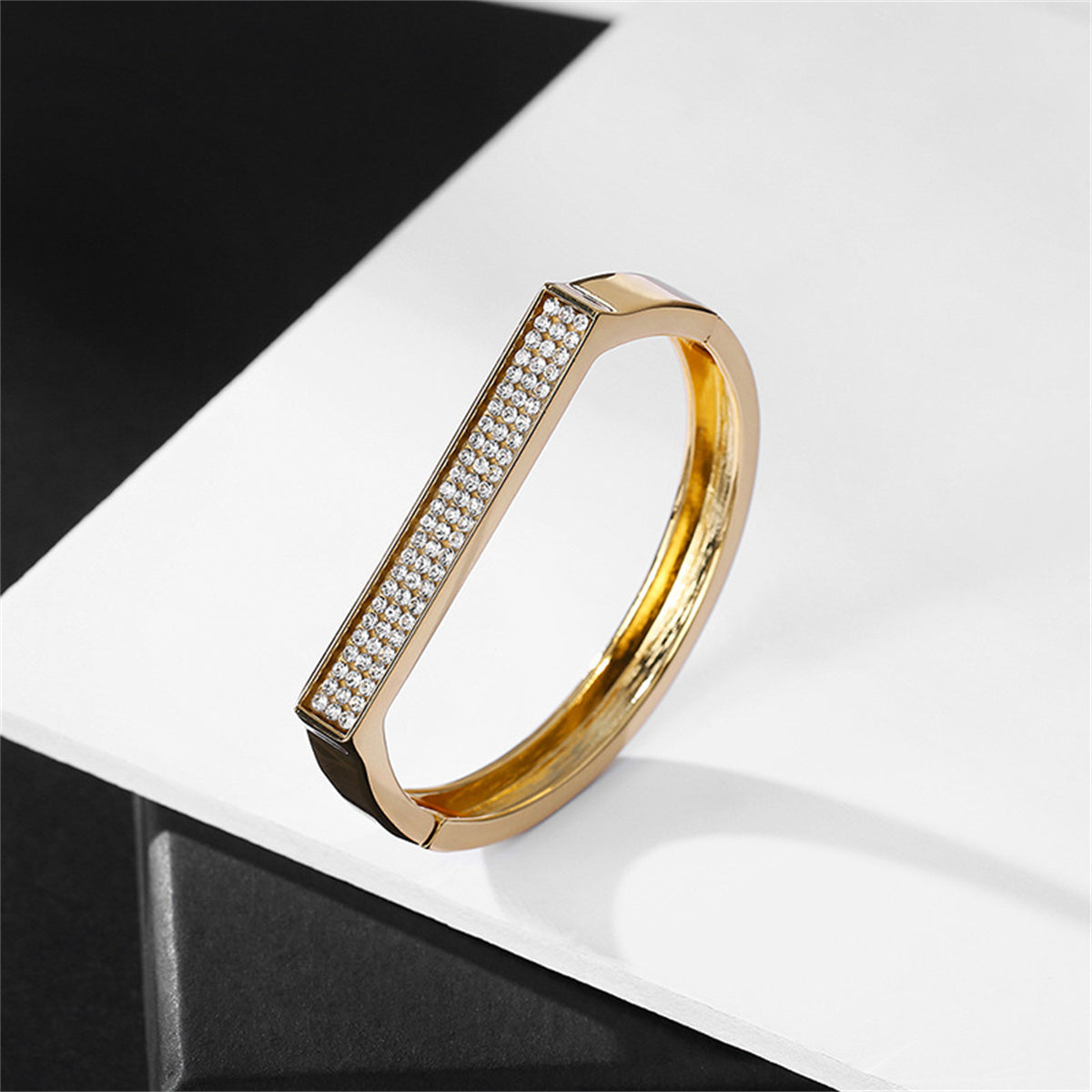 Cubic Zirconia and 18K Gold-Plated Rectangle Hinge Bangle, gold bangle bracelet, everyday style, styled look