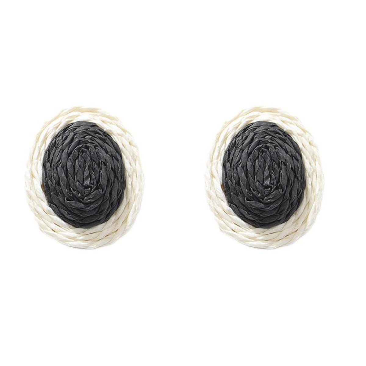 Black Raffia and Silver-Plated Oval Stud Earrings, silver stud earrings for women, dainty minimalist design, side view