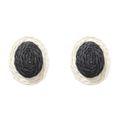 Black Raffia and Silver-Plated Oval Stud Earrings, silver stud earrings for women, dainty minimalist design, side view