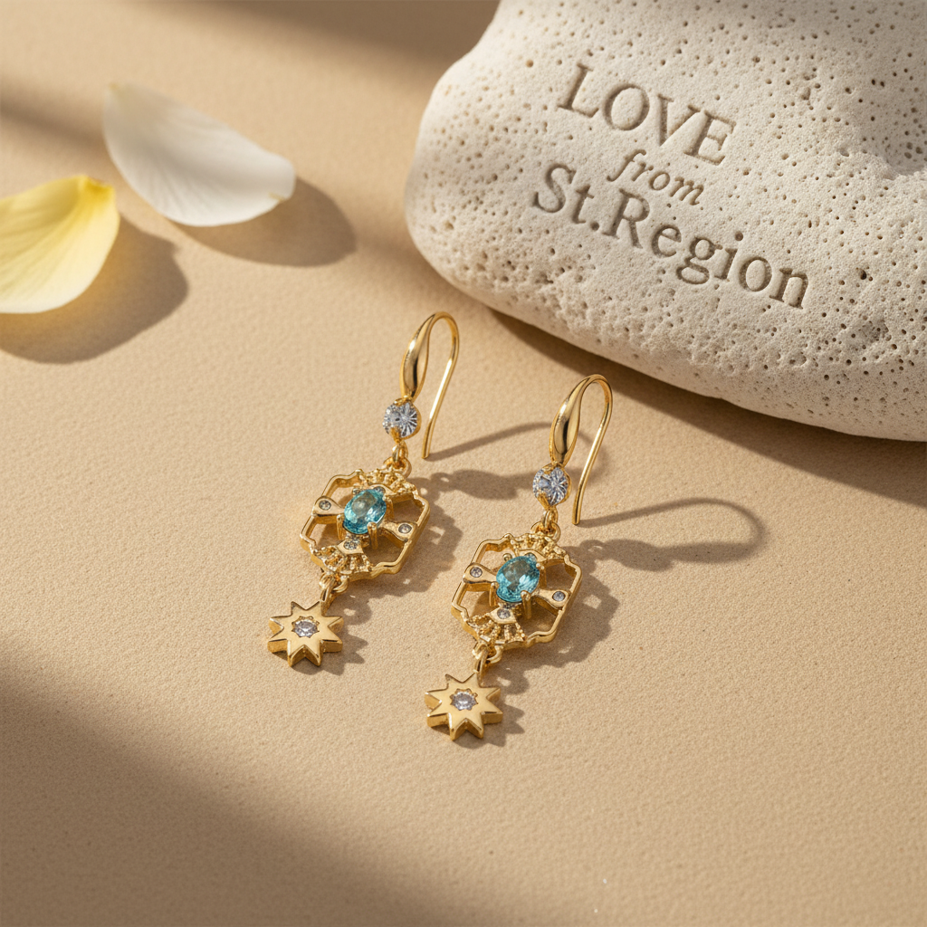 Sea Blue Crystal & Cubic Zirconia Goldtone Scalloped Edge Starburst Hook Earrings - Street Region