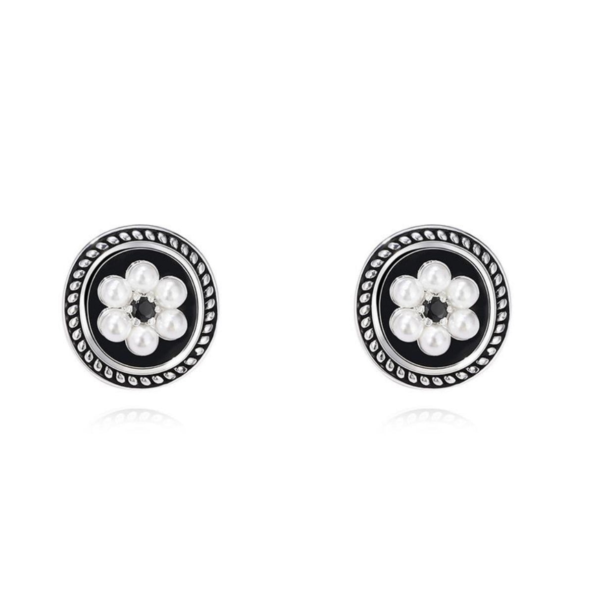 Cubic Zirconia & Pearl Enamel Silver-Plated Flower Stud Earrings