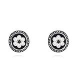 Cubic Zirconia & Pearl Enamel Silver-Plated Flower Stud Earrings