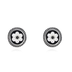 Cubic Zirconia & Pearl Enamel Silver-Plated Flower Stud Earrings