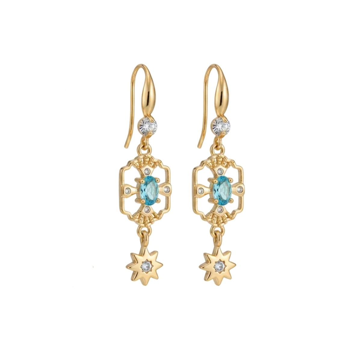 Sea Blue Crystal & Cubic Zirconia Goldtone Scalloped Edge Starburst Hook Earrings - Street Region