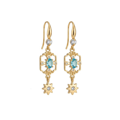 Sea Blue Crystal & Cubic Zirconia Goldtone Scalloped Edge Starburst Hook Earrings - Street Region
