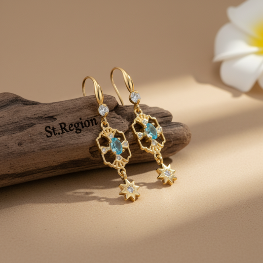 Sea Blue Crystal & Cubic Zirconia Goldtone Scalloped Edge Starburst Hook Earrings - Street Region