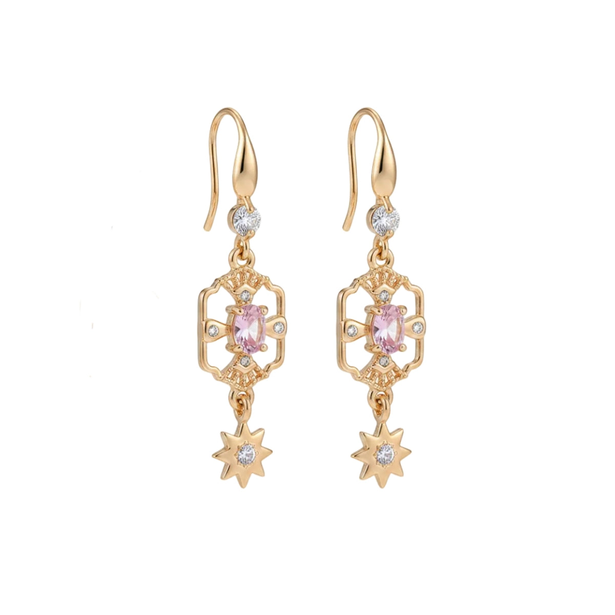 Pink Crystal & Cubic Zirconia Goldtone Scalloped Edge Starburst Hook Earrings - Street Region