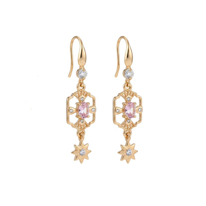 Pink Crystal & Cubic Zirconia Goldtone Scalloped Edge Starburst Hook Earrings - Street Region