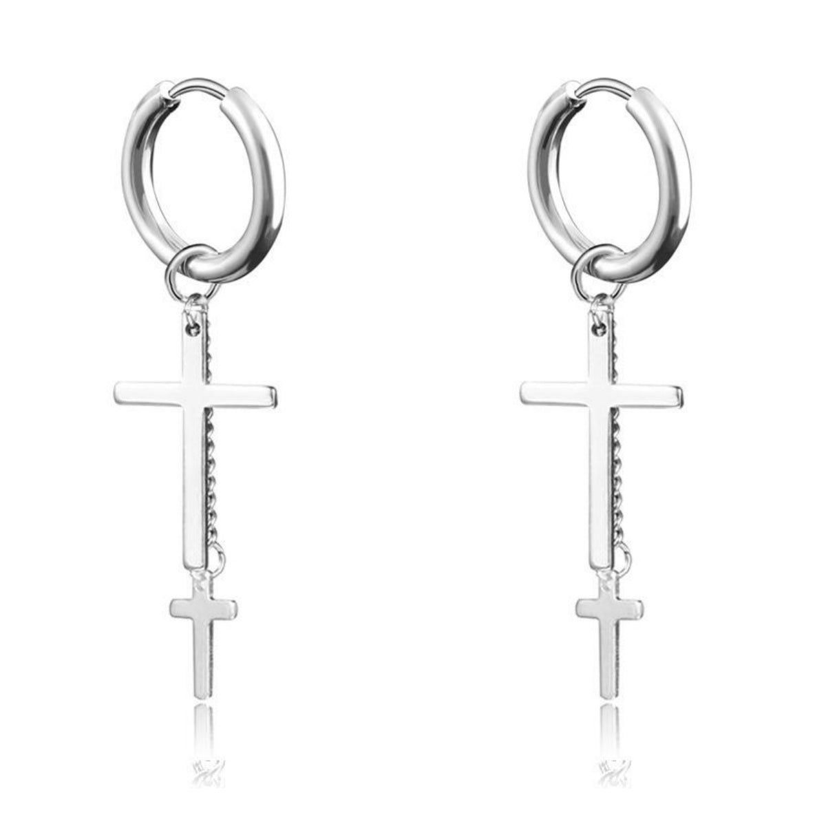 Silver-Plated Chain Cross Huggie Earrings