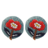 Silver-Plated & Red Floral Woven Stud Earrings