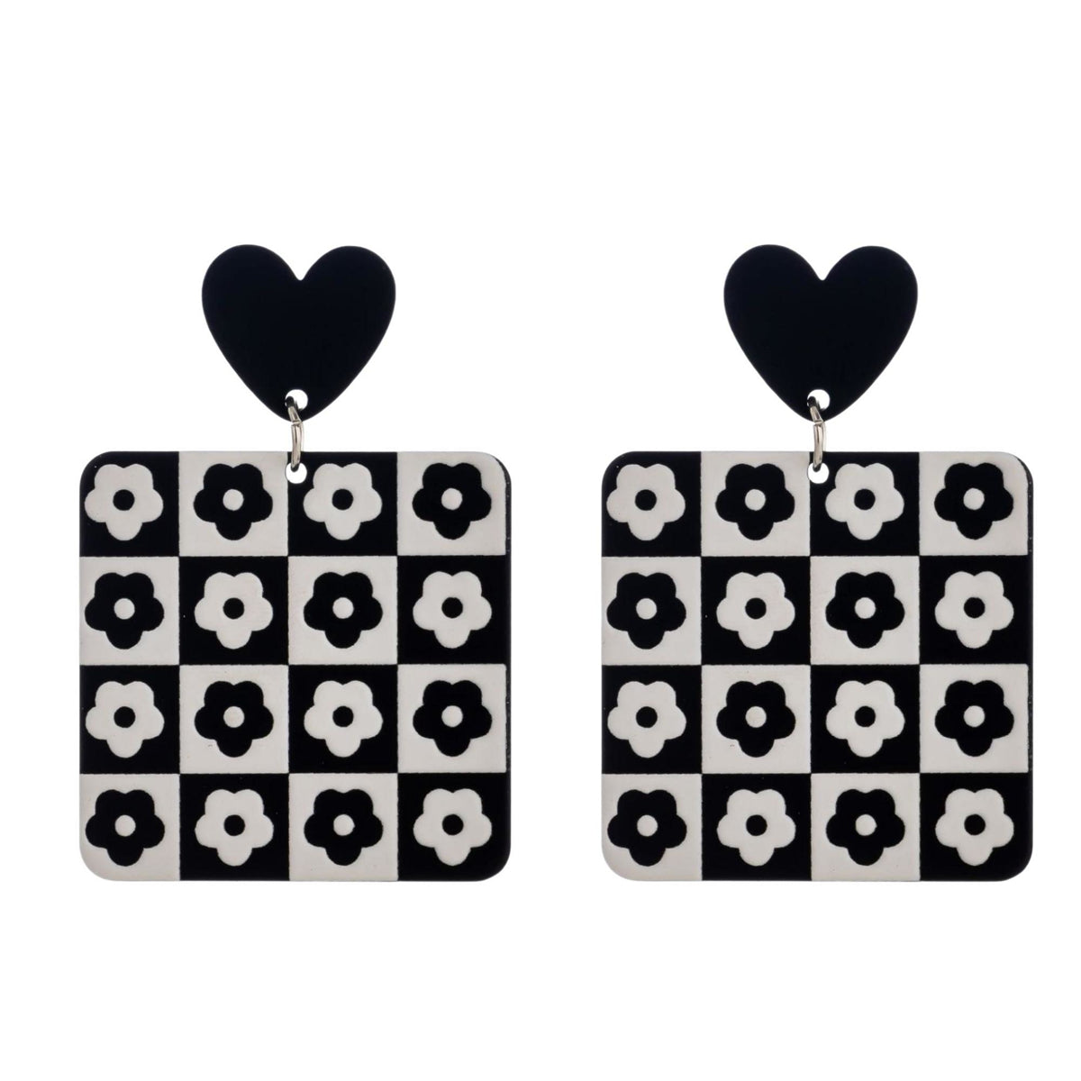 Black Acrylic Heart & Flower Earrings