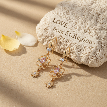 Pink Crystal & Cubic Zirconia Goldtone Scalloped Edge Starburst Hook Earrings - Street Region
