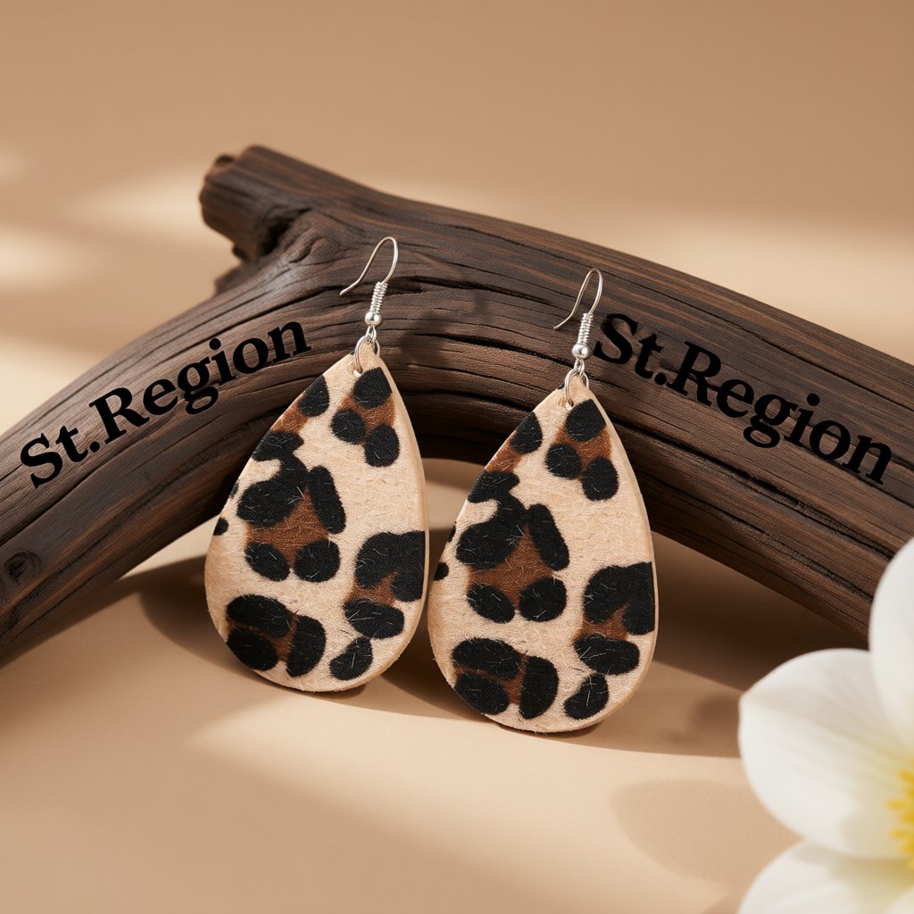 Black Gabardine Leopard-Print Drop Earrings, drop earrings for women, everyday style, front view