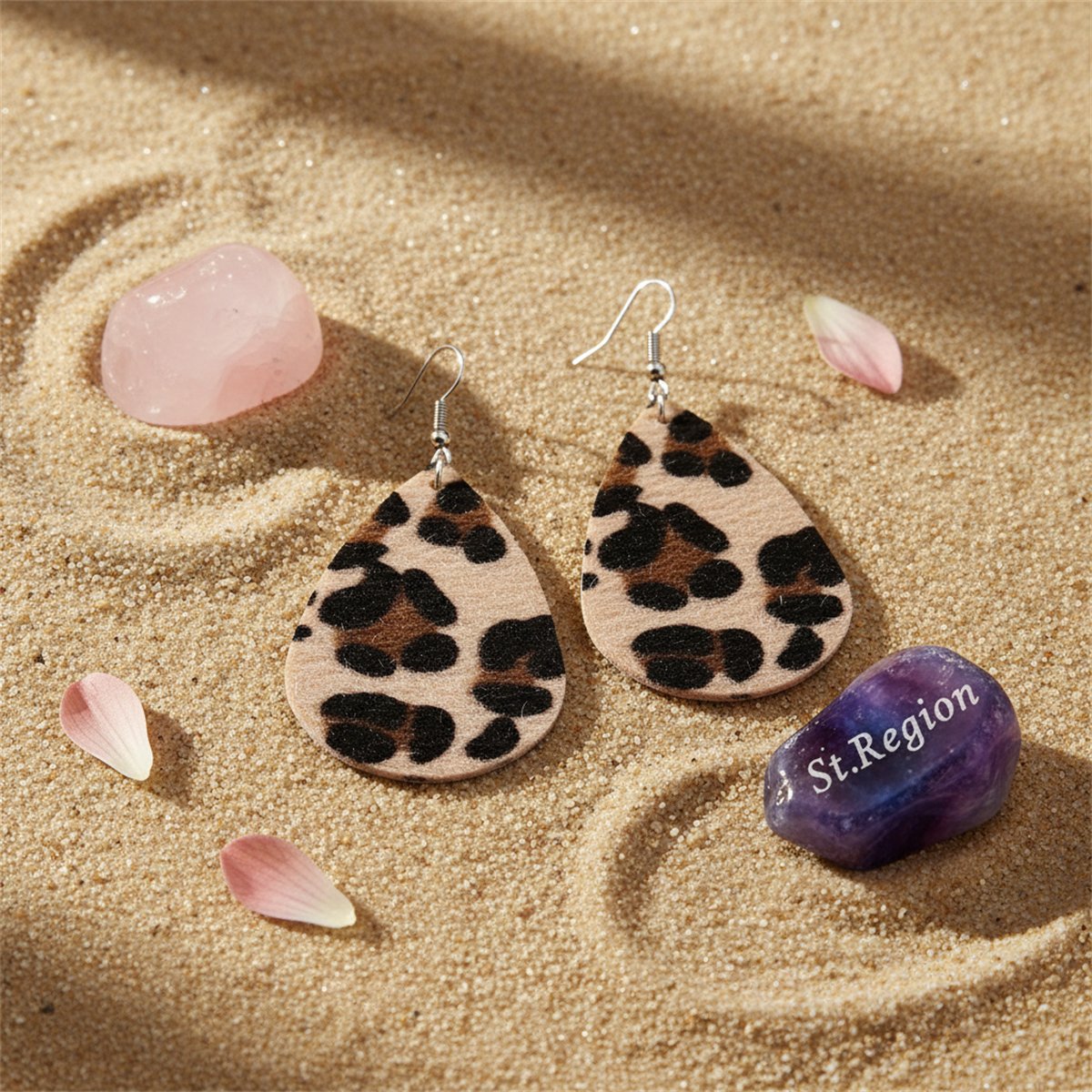 Black Gabardine Leopard-Print Drop Earrings, drop earrings for women, everyday style, detail close-up