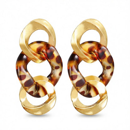 Resin and 18K Gold-Plated Leopard Print Link Drop Earring, gold drop earrings for women, vintage-inspired design, side view