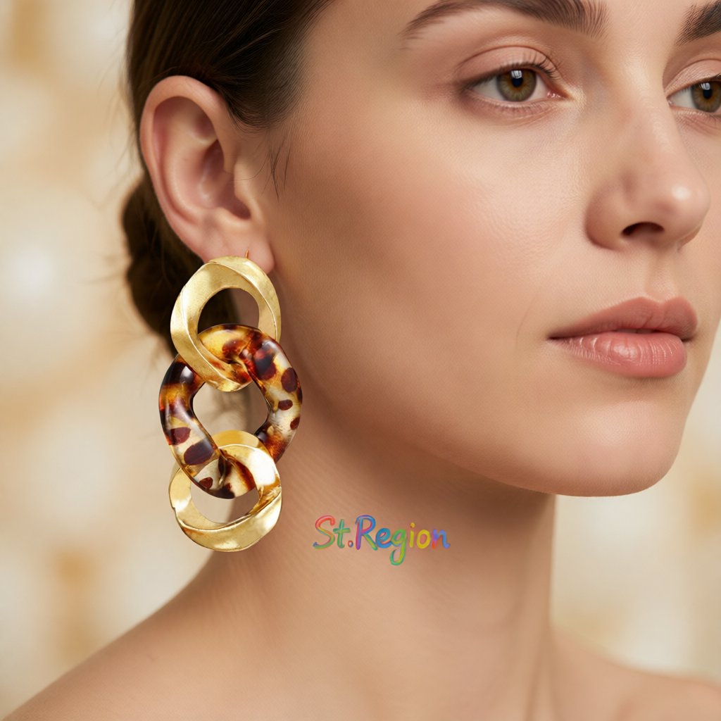 Resin and 18K Gold-Plated Leopard Print Link Drop Earring, gold drop earrings for women, vintage-inspired design, styled look