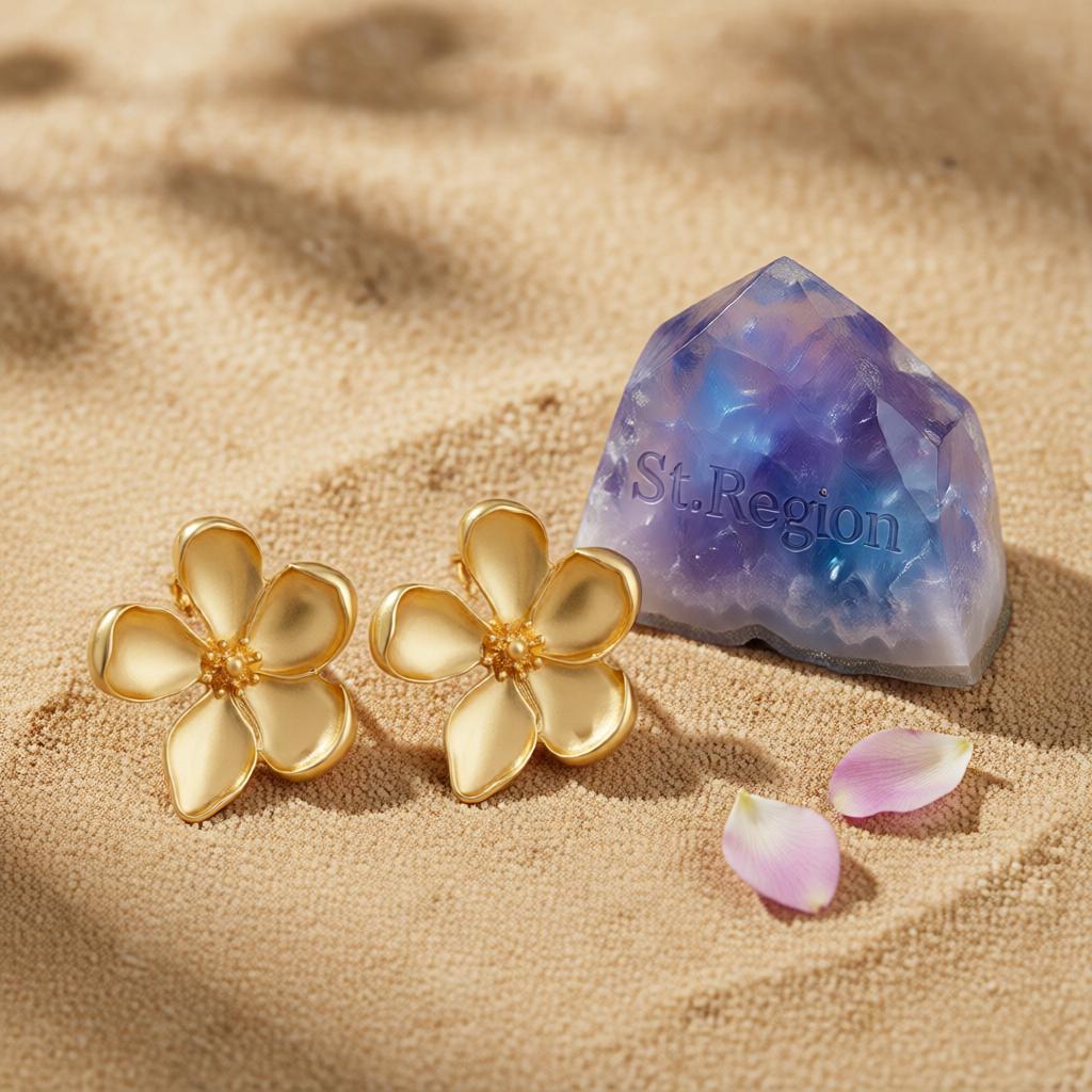 18K Gold-Plated Flower Stud Earring, cubic zirconia stud earrings for women, botanical inspired, detail close-up
