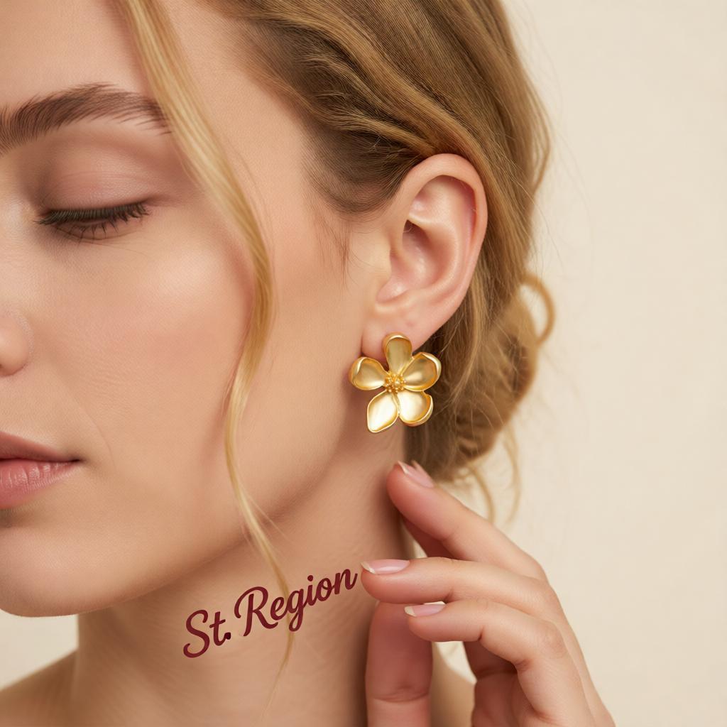 18K Gold-Plated Flower Stud Earring, cubic zirconia stud earrings for women, botanical inspired, styled look