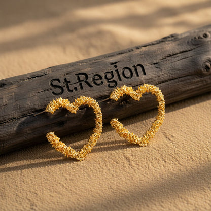18K Gold-Plated Twisted Heart Hoop Earring, gold huggie earrings, vintage-inspired design, front view