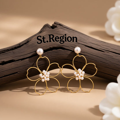 Pearl and 18K Gold-Plated Flower Drop Earring, gold drop earrings for women, everyday style, front view