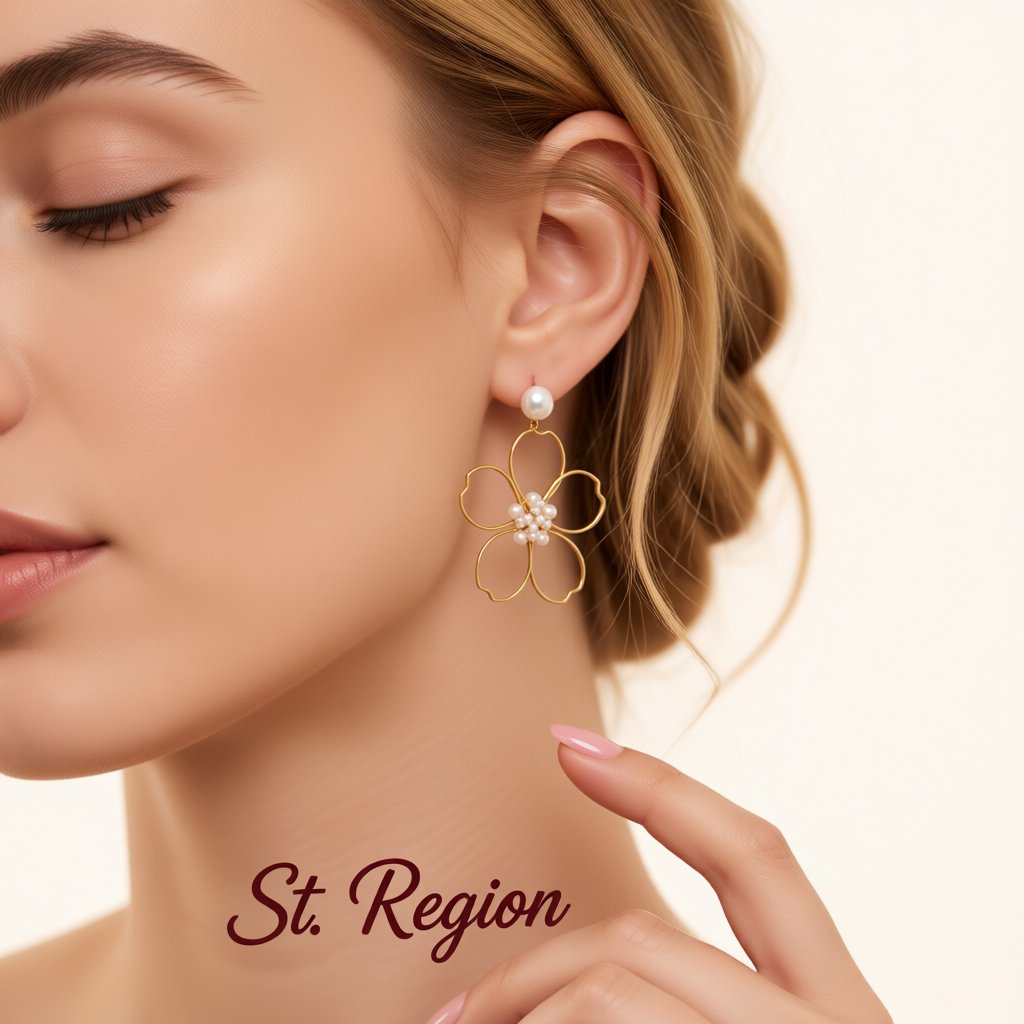 Pearl and 18K Gold-Plated Flower Drop Earring, gold drop earrings for women, everyday style, styled look
