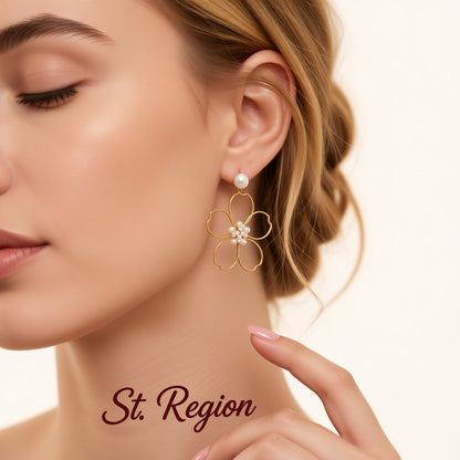 Pearl and 18K Gold-Plated Flower Drop Earring, gold drop earrings for women, everyday style, styled look