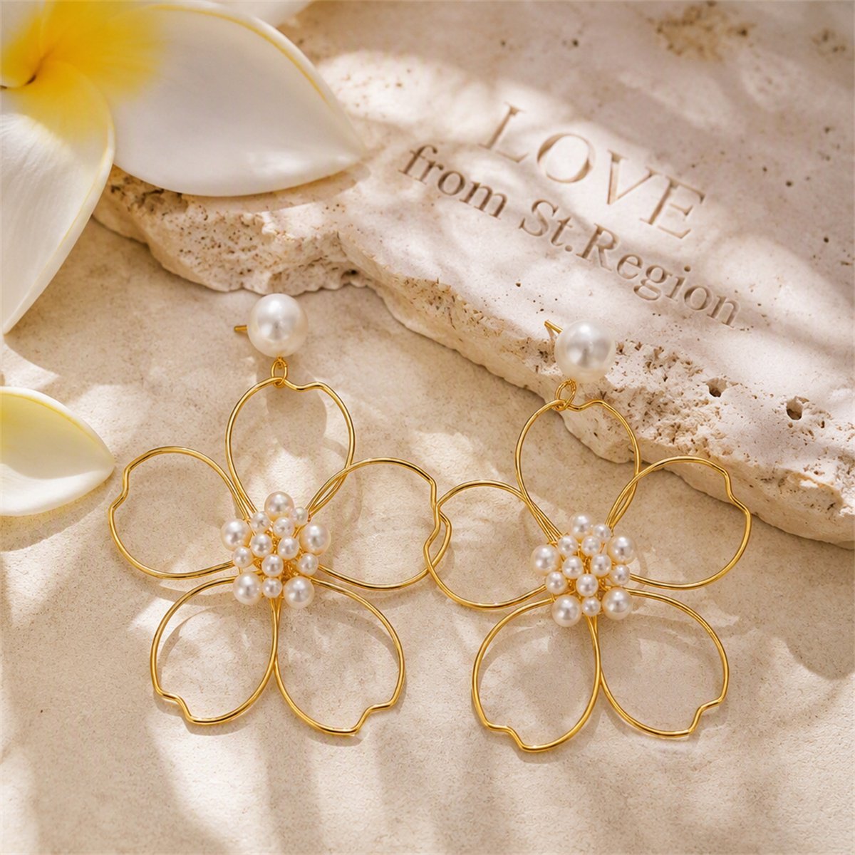 Pearl and 18K Gold-Plated Flower Drop Earring, gold drop earrings for women, everyday style, lifestyle look