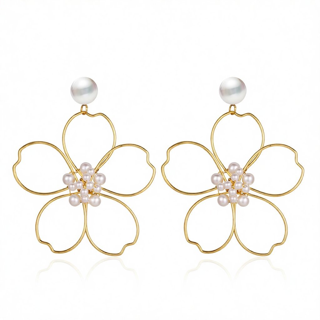 Pearl and 18K Gold-Plated Flower Drop Earring, gold drop earrings for women, everyday style, side view