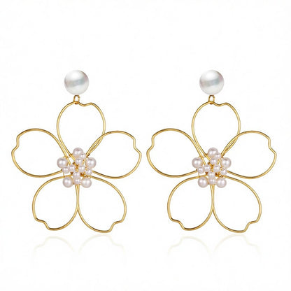 Pearl and 18K Gold-Plated Flower Drop Earring, gold drop earrings for women, everyday style, side view